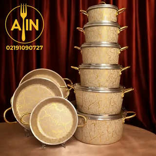 سرویس ۱۵پارچه کوشا م رنگ ماربل کرم طلایی